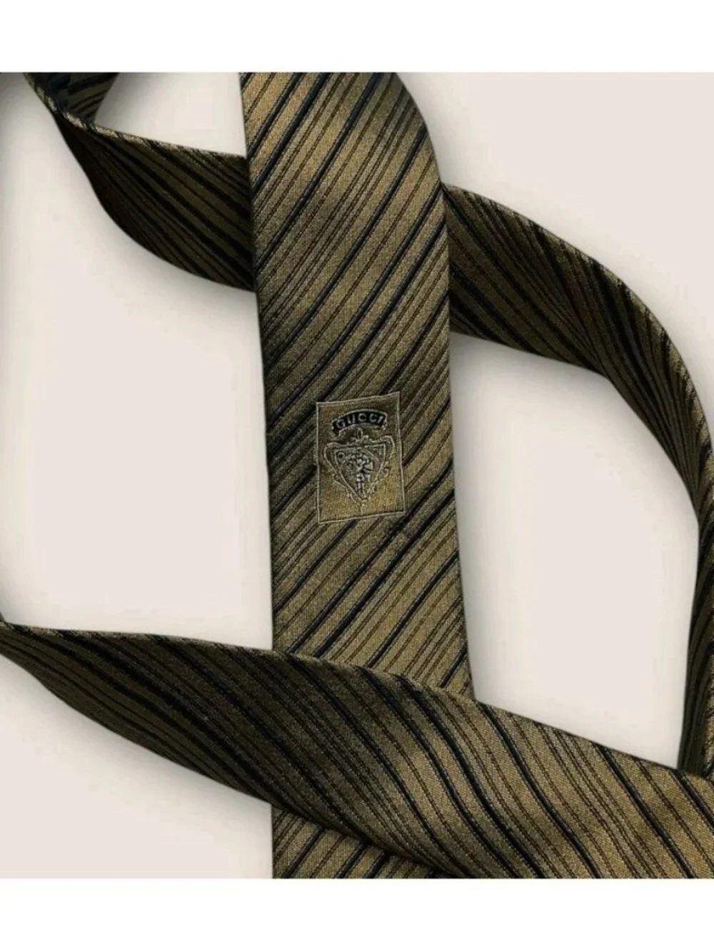 GUCCI Silk Tie ITALY Beige Black Striped W:3.7